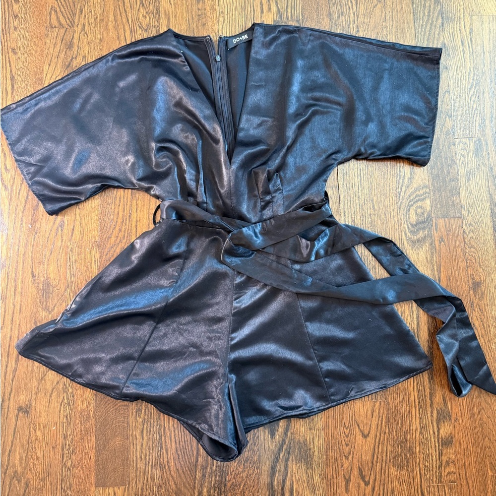 Black Satin Romper with a Tie Belt